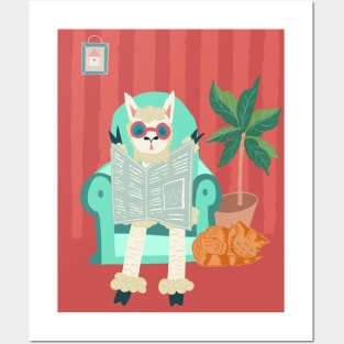 Alpaca and Cat Cosy Reading Staycation Posters and Art